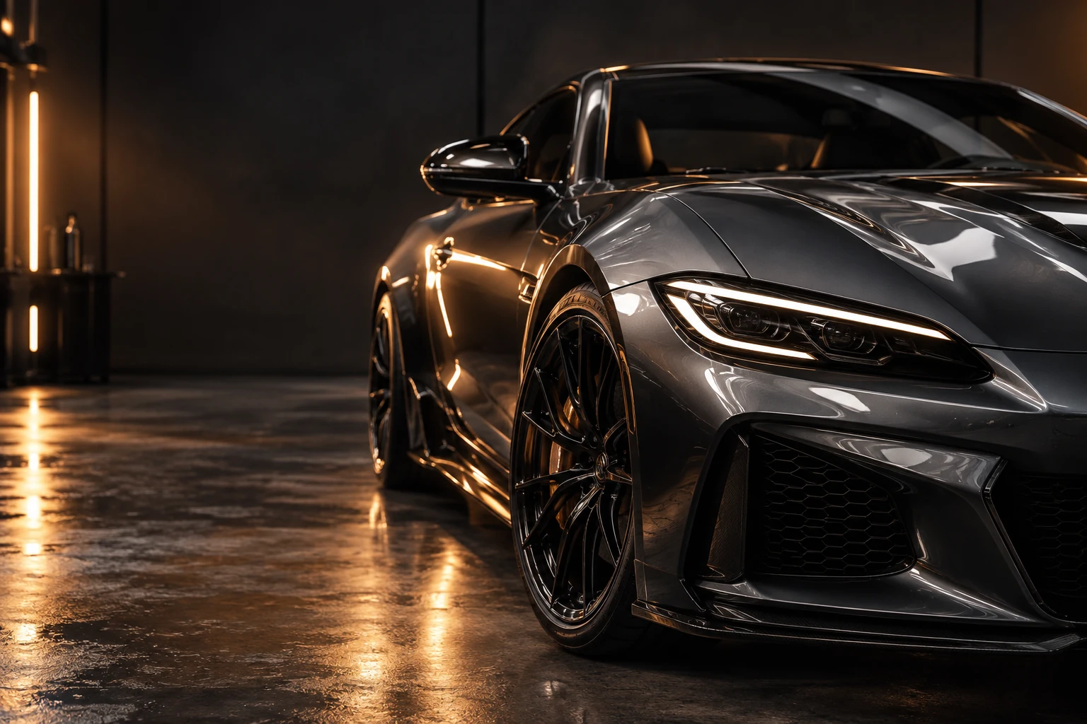 Illustrative luxury car in a detailing studio
